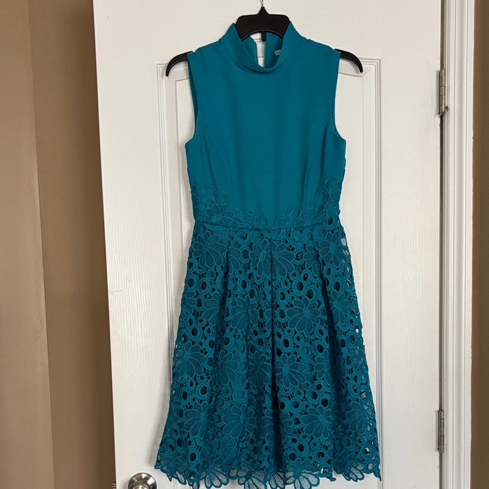 Teal Sleeveless Lace Fit-and-Flare Dress Antonio Milani